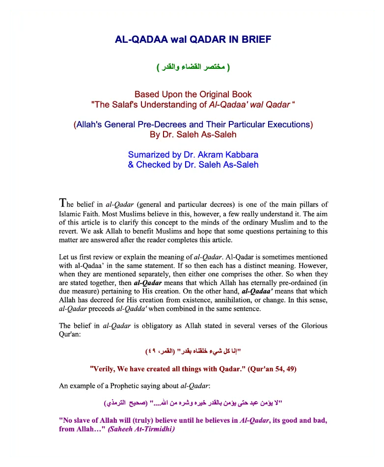 Al-Qadaa Wal Qadar : Pre-Decree – Brief Summary